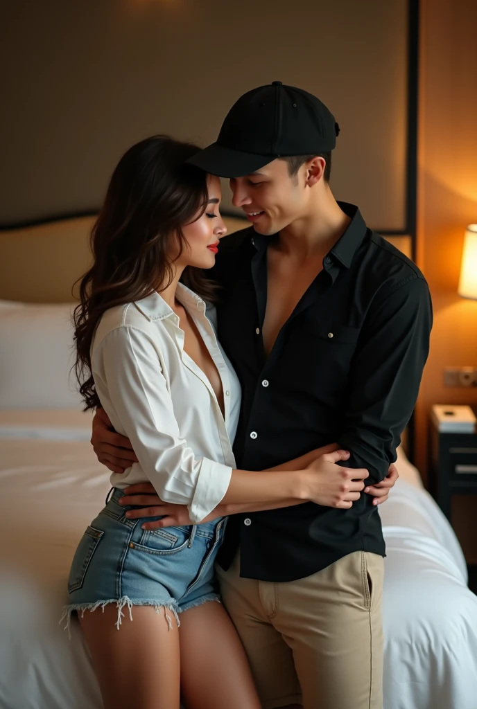 A beauty naked man hugging on beauty naked Malay woman on the bedroom,