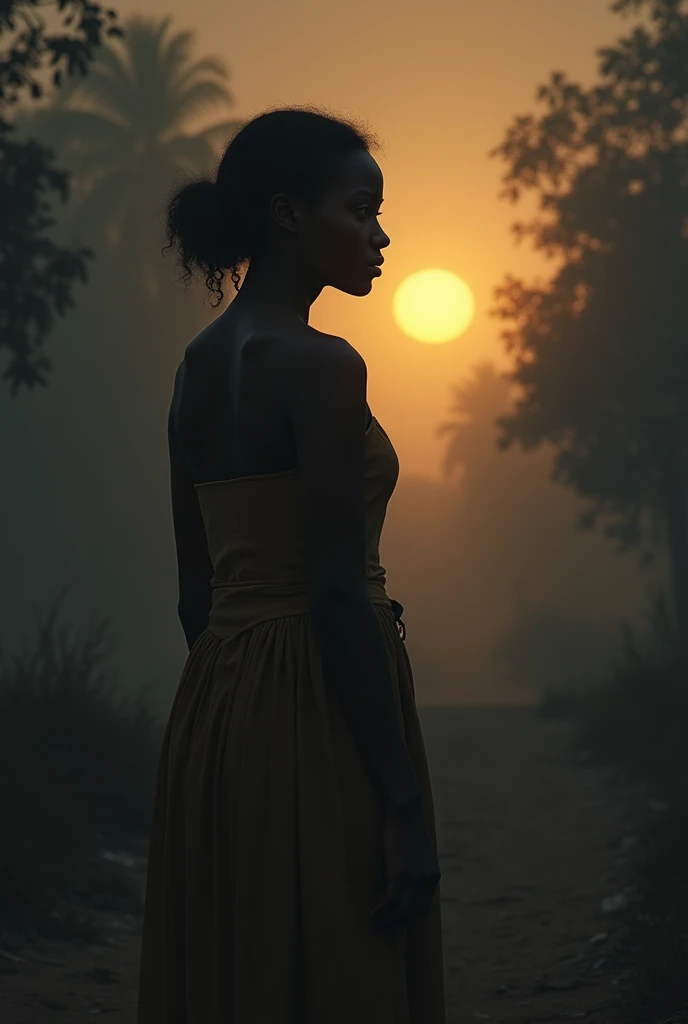 Image sombre d'une jeune femme africaine triste de dos voyant une lueur d'espoir une lueur de soleil au bout du tunnel