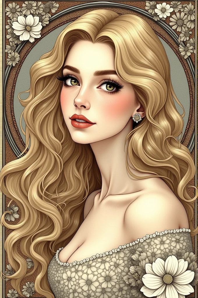 European women's face portrait, long curly hair, blonde, floral frame, sexy, decorative panel, abstract Art by Alphonse Mucha, sketch, character lines and scenes without colors and shadows. (Masterpiece, Best Quality, Highres:1.4), Detailed, Intricate Details, 4K, color splashes, line art, fibonacci,
INFO