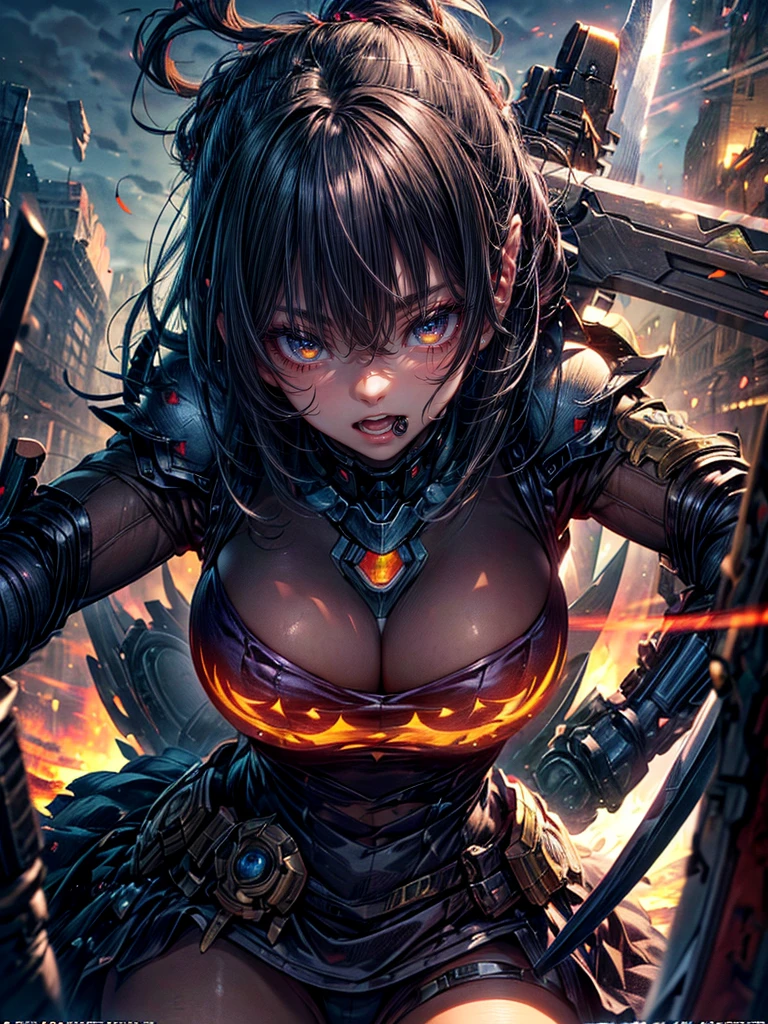 High resolution, Winner of numerous awards, Ultra high definition, Textured skin, Retina,
masterpiece,(bestquality),highlydetailed,ultra-detailed,1girl, (A composition where a girl is sitting on the shoulder of a giant robot or in the palm of a giant robot’s hand.:1.4)(Angry expression、Contempt:1.7)(robot)(fantasylandscape:1.2,natural lighting:1.5,confidentexpression),(panorama:1.2),mecha, angle、chrome,raw(A beautiful girl with black hair and a battle suit:1.5)(Point your weapon at me:1.6)(Positioned to attack me:1.6)(Stick a gun or a sword in me:1.5)(Powerful spirit:1.5)(Blade:1.2)