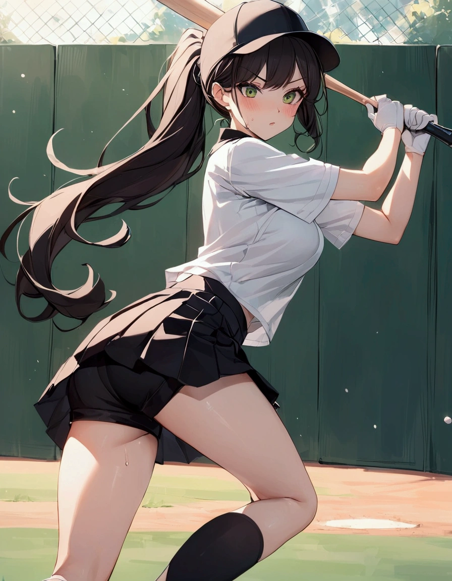 batting stance,{{Baseball bat-swing:1.8}}．Animated image of a player swinging a baseball bat at a ball,{{action}},{{Baseball bat-swing, skirt flips up, glimpse of black shorts:1.8}},striking out swinging,Black shorts in skirt,Cartoonish ,Line of effect,JK,1girl, solo, athlete body,{{swing a baseball bat:1.8}},Baseball bat,swing,twist,Rotation and twisting of the body,{{masterpiece}}, {{{Highest quality}}},{{Very detailed}}, dutch angle,Dynamic composition, A high school girl is swinging and missing at a batting cage,school uniform,mini skirt,Short sleeve blouse　clavicle　Knee-high socks　 Speed Line　Motion Lines　,Batting Center,Bat,Sweat,Bad mood, be flustered,frustrating,{{v-shaped eyebrows}},Bad mood,blush,Sweat,raise one's eyebrows　,Black Hair,batting glove,Indoor batting center,sidelong glance,Black Skirt,Long Hair,ponytail,Black shorts,Above the baseball batter's box,No one in the background ,Green wall background,motion blur