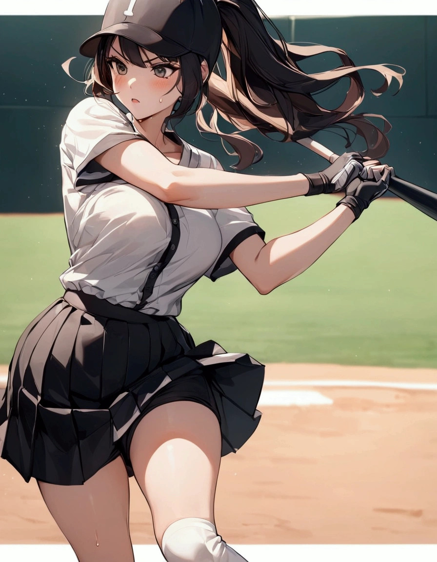 batting stance,{{Baseball bat-swing:1.8}}．Animated image of a player swinging a baseball bat at a ball,{{action}},{{Baseball bat-swing, skirt flips up, glimpse of black shorts:1.8}},striking out swinging,Black shorts in skirt,Cartoonish ,Line of effect,JK,1girl, solo, athlete body,{{swing a baseball bat:1.8}},Baseball bat,swing,twist,Rotation and twisting of the body,{{masterpiece}}, {{{Highest quality}}},{{Very detailed}}, dutch angle,Dynamic composition, A high school girl is swinging and missing at a batting cage,school uniform,mini skirt,Short sleeve blouse　clavicle　Knee-high socks　 Speed Line　Motion Lines　,Batting Center,Bat,Sweat,Bad mood, be flustered,frustrating,{{v-shaped eyebrows}},Bad mood,blush,Sweat,raise one's eyebrows　,Black Hair,batting glove,Indoor batting center,sidelong glance,Black Skirt,Long Hair,ponytail,Black shorts,Above the baseball batter's box,No one in the background ,Green wall background,motion blur