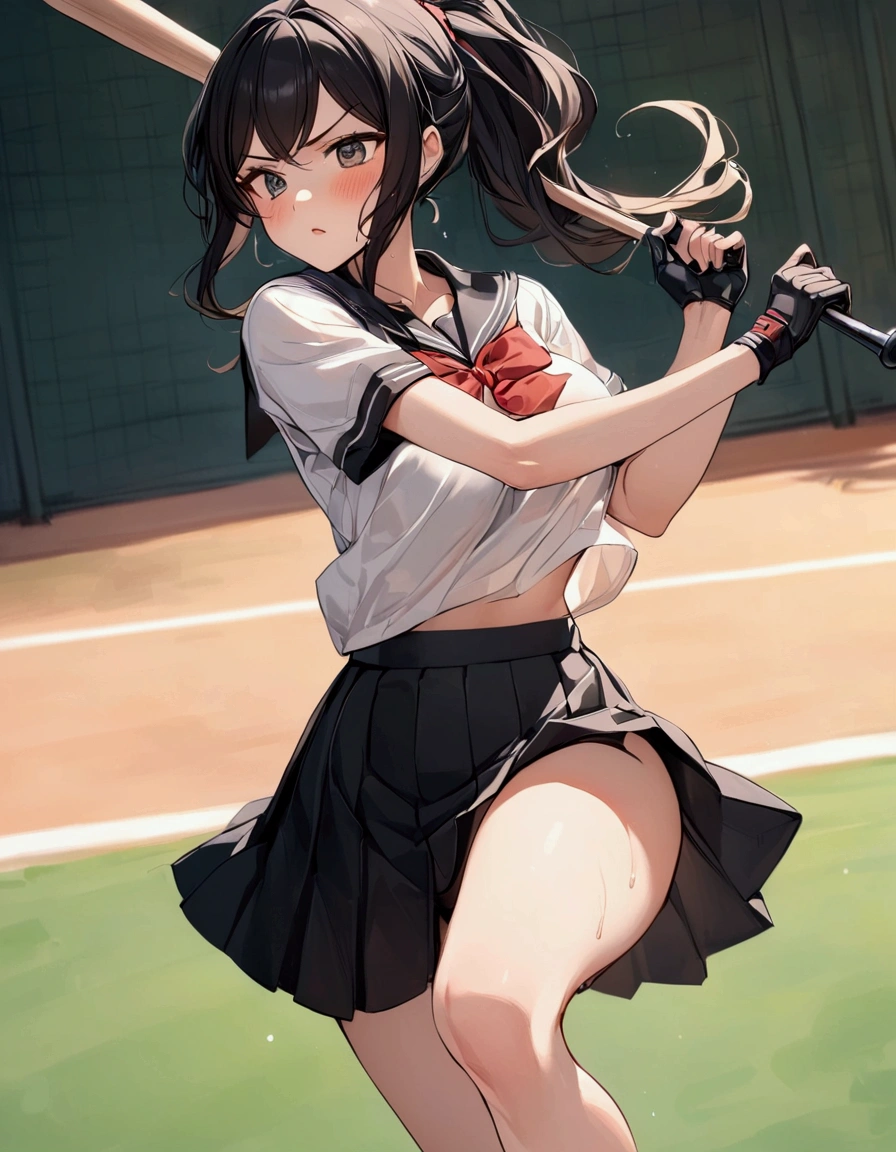 batting stance,{{Baseball bat-swing:1.8}}．Animated image of a player swinging a baseball bat at a ball,{{action}},{{Baseball bat-swing, skirt flips up, glimpse of black shorts:1.8}},striking out swinging,Black shorts in skirt,Cartoonish ,Line of effect,JK,1girl, solo, athlete body,{{swing a baseball bat:1.8}},Baseball bat,swing,twist,Rotation and twisting of the body,{{masterpiece}}, {{{Highest quality}}},{{Very detailed}}, dutch angle,Dynamic composition, A high school girl is swinging and missing at a batting cage,school uniform,mini skirt,Short sleeve blouse　clavicle　Knee-high socks　 Speed Line　Motion Lines　,Batting Center,Bat,Sweat,Bad mood, be flustered,frustrating,{{v-shaped eyebrows}},Bad mood,blush,Sweat,raise one's eyebrows　,Black Hair,batting glove,Indoor batting center,sidelong glance,Black Skirt,Long Hair,ponytail,Black shorts,Above the baseball batter's box,No one in the background ,Green wall background,motion blur