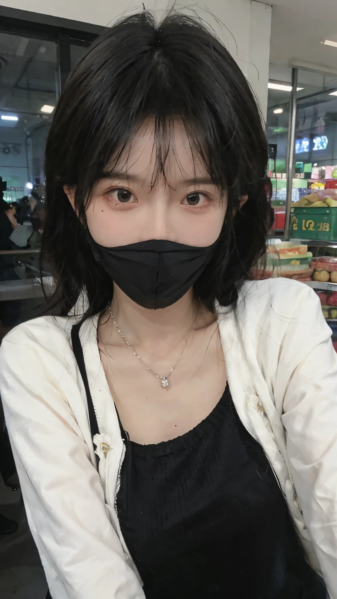 黑色wear mask,Best quality,黑色wear mask,Ultra-high resolution,(Reality:1.4),(黑色wear mask:1.4),Cute hairpins,girll,Cropped black sweater,wear mask,Look directly at the audience,Full of atmosphere,Beautiful woman with a slim figure:1.4,黑色wear mask,supermarket,whole body,Super delicate face,Exquisite eyes,Double eyelids,necklace,黑色wear mask,