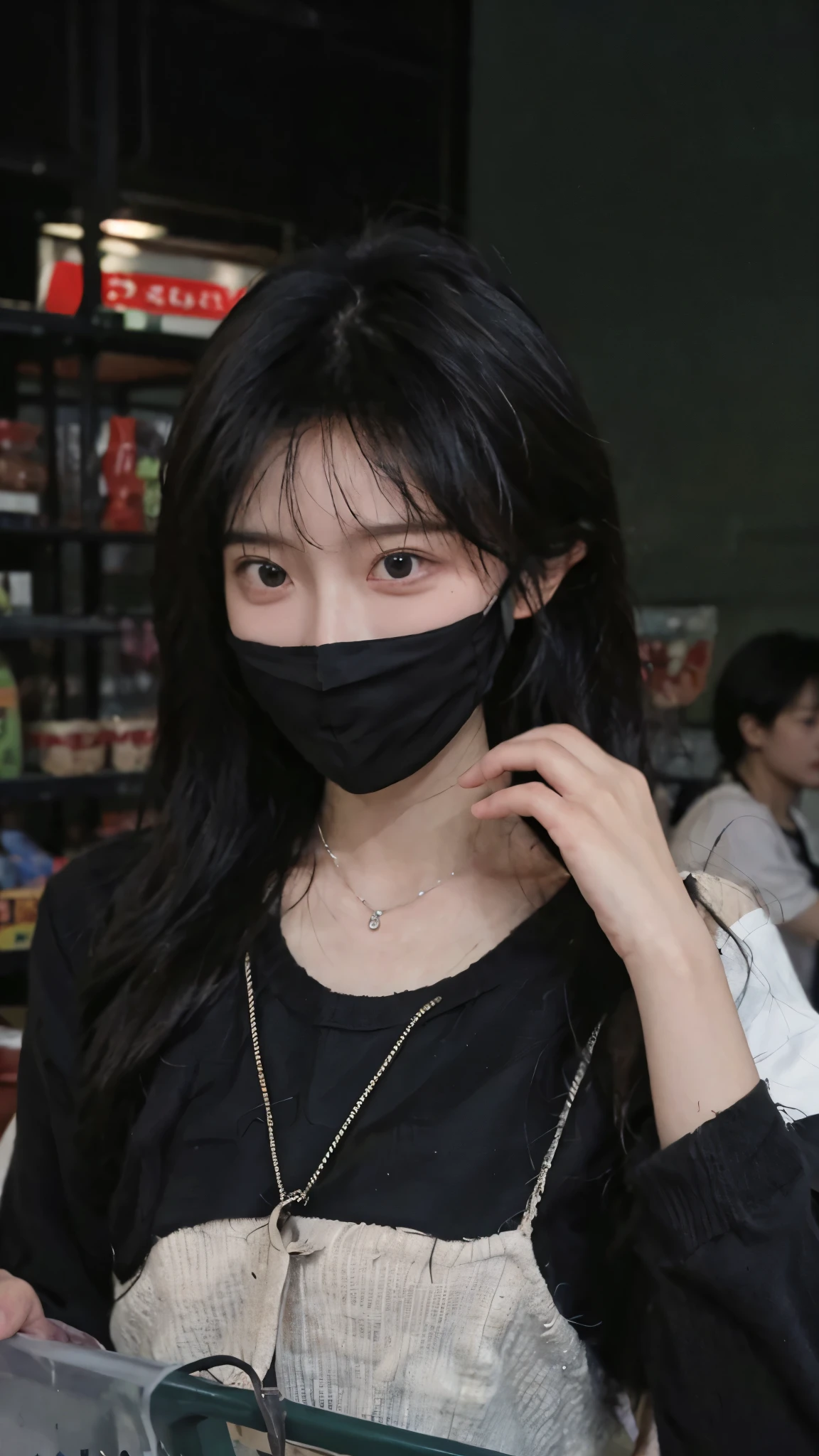 best qualtiy, 超高分辨率, (realisticlying:1.4),Baoyu Girl,1girll, with long coiled hair,Wear a black mask,Looking into the distance,nedium breasts,a sense of atmosphere,Beautiful woman with a slim figure:1.4, Ultra-fine face,Elaborate Eyes,二重まぶた