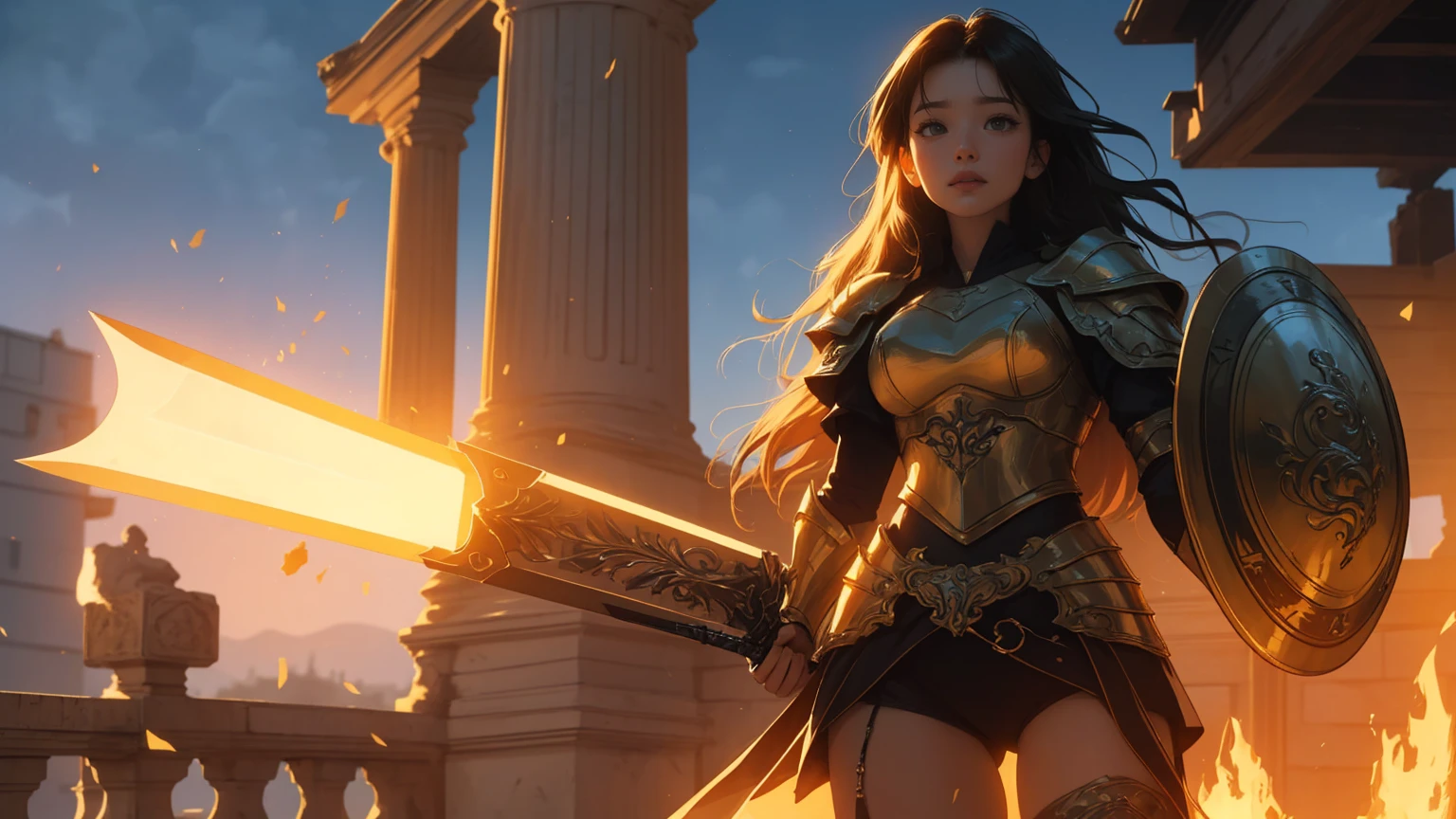 a1 woman，masterpiece, 8K quality, very detailed, one girl, (Light, cropped hair), woman warrior Greek antique warrior hoplite Greek Spartan armor holding a short sword skyphos and a round bronze shield, thick thighs, Roman columns background, big breasts, Smirk、professional lighting、about, standing, very long hair, cowboy shot, brilliant, brilliant hair, (night:1.2),Dreamy, [[gentle fingers and hands:0.55]::0.85],(detailed fingers),),(emotional),(breathtaking),(main part:1.2) whole body.), (Anime Style), (Super Detailed), (brutal), (uhd, HDR), (8k), (High Resolution: 1.2), (Complex and Beautiful: 1.2), cowboy shot, brilliant, brilliant hair, (night:1.2),Dreamy, [[gentle fingers and hands:0.55]::0.85],(detailed fingers),),(emotional),(breathtaking),(main part:1.2) whole body.), (Anime Style), (Super Detailed), (brutal), (uhd, HDR), (8k), (High Resolution: 1.2), (Complex and Beautiful: 1.2), [[gentle fingers and hands:0.55]::0.85],(detailed fingers),),(emotional),(breathtaking),(main part:1.2) whole body.), (Anime Style), (Super Detailed), (brutal), (uhd, HDR), (8k), (High Resolution: 1.2), (Complex and Beautiful: 1.2)