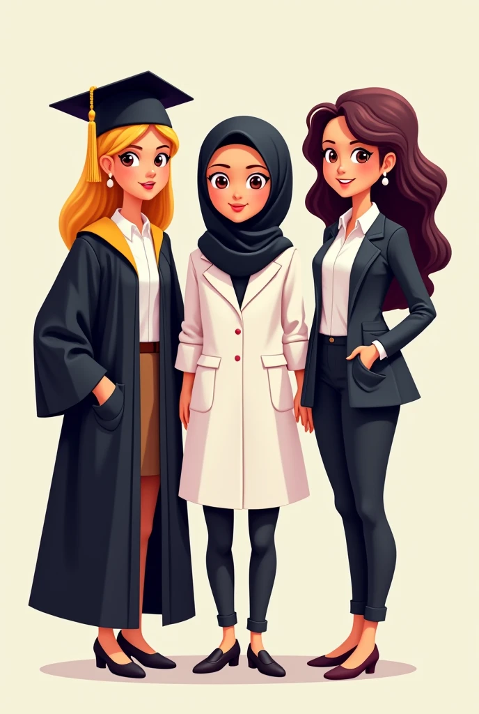 Three cartoon women, 
one on the left wearing a black graduation uniform, 
one in the middle wearing a white highschool uniform, including a black hijab, 
and one on the right wearing an office worker uniform.