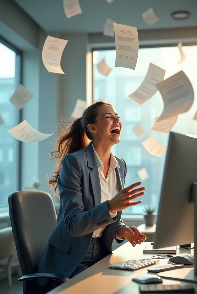 office girl laughing while papers are flying into the computer screen
