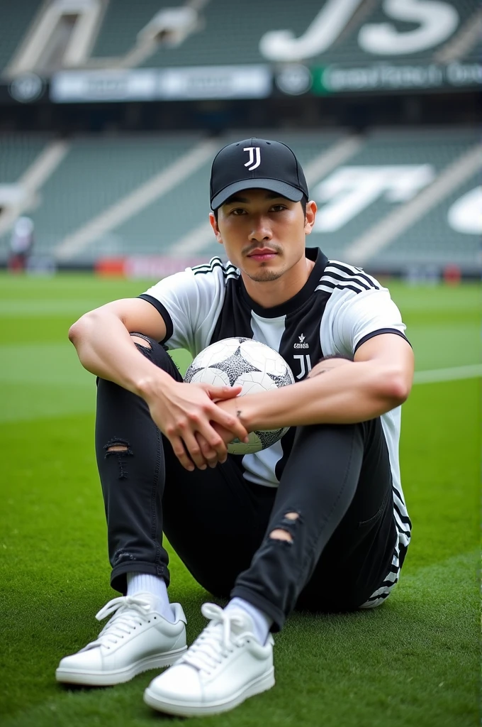 Displaying full HD high resolution photos, A handsome Korean man is sitting in the middle of the stadium field., while sitting on the grass the man is holding a ball with the JJ symbol, the man is wearing a juventus jersey, black jeans have rips, adidas white sneakers, and wear a baseball cap with the JJ logo, looking at the camera with a relaxed face, seen the stadium stands with letters written on them "juventus", background of stadium and green grass field, realistic