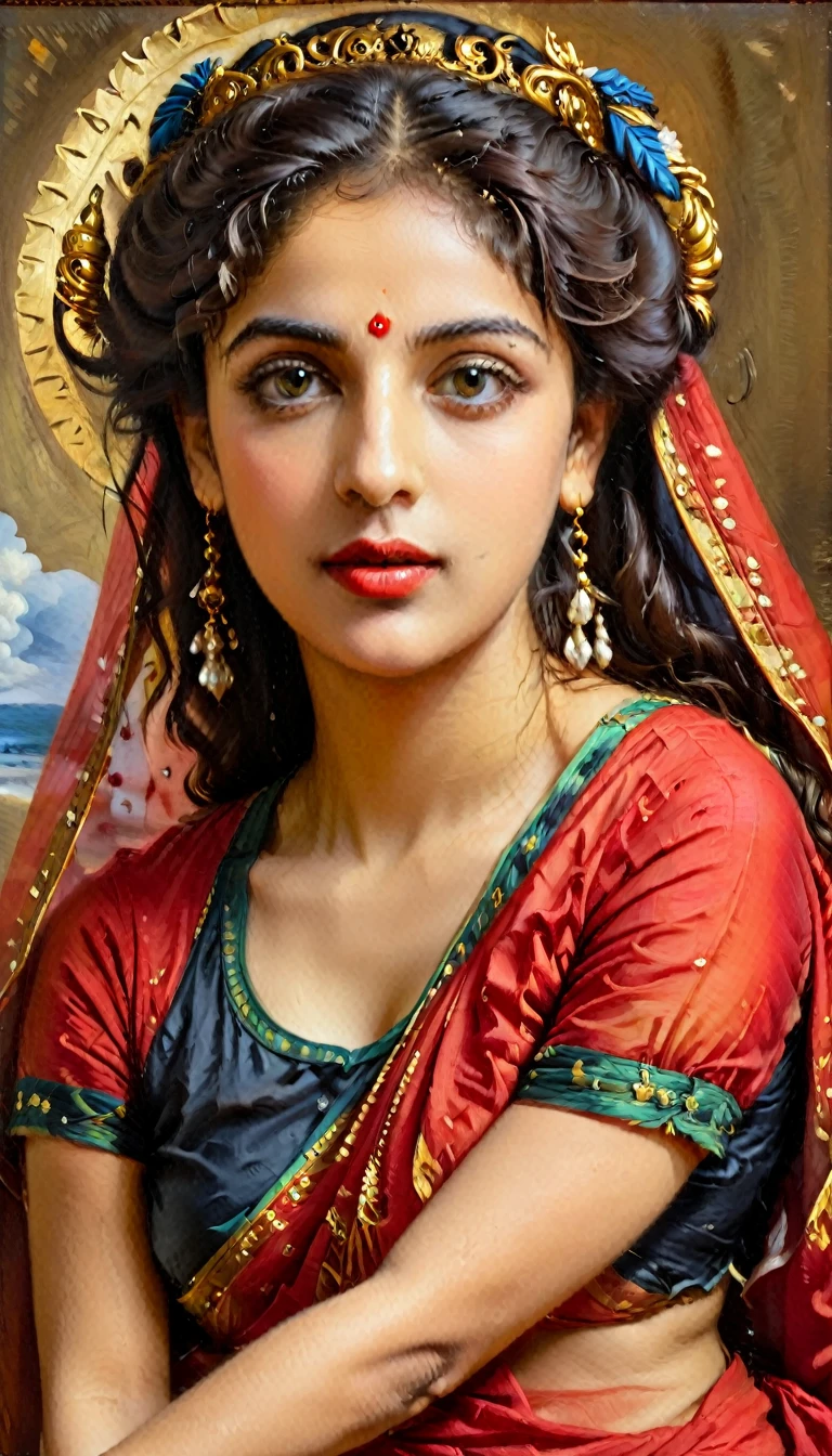 Beautiful Indian Woman, wearing red saree, sari Beauty, gorgeous, Apsara, Maharani, royal queen woman, nymph from Hindu Mythology, Urvashi, matchless beauty, Highly detailed, Oil Painting by Peter Paul Rubens inspired by Raja Ravi Varma, Matchless beauty, captivating, gorgeous, heavenly beauty, celestial beauty, by Peter Paul Rubens, 13, realistic, hyper realistic, micro details, incredible artwork, insane details, ultra High resolution, 8k, 32k, acrylic on canvas, intricate, flawless, detailed, detailed face, detailed eyes, masterpiece, by Peter Paul Rubens, by Caravaggio, by William Adolphe Bouguereau, perfect face, perfect body, beautiful art, realism, baroque, renaissance Art, highly textured, beautiful and detailed eyes, uhd, best quality,