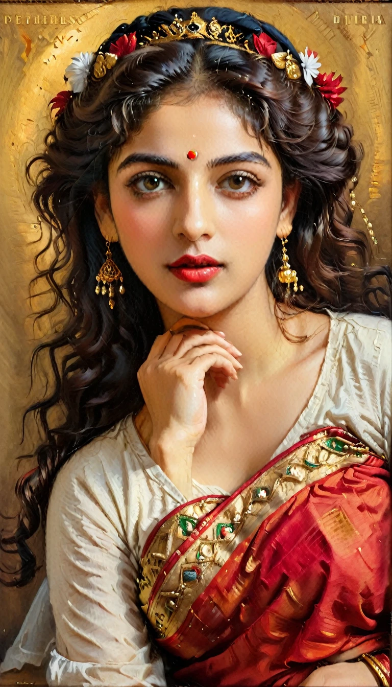 Beautiful Indian Woman, wearing red saree, sari Beauty, gorgeous, Apsara, Maharani, royal queen woman, nymph from Hindu Mythology, Urvashi, matchless beauty, Highly detailed, Oil Painting by Peter Paul Rubens inspired by Raja Ravi Varma, Matchless beauty, captivating, gorgeous, heavenly beauty, celestial beauty, by Peter Paul Rubens, 13, realistic, hyper realistic, micro details, incredible artwork, insane details, ultra High resolution, 8k, 32k, acrylic on canvas, intricate, flawless, detailed, detailed face, detailed eyes, masterpiece, by Peter Paul Rubens, by Caravaggio, by William Adolphe Bouguereau, perfect face, perfect body, beautiful art, realism, baroque, renaissance Art, highly textured, beautiful and detailed eyes, uhd, best quality,