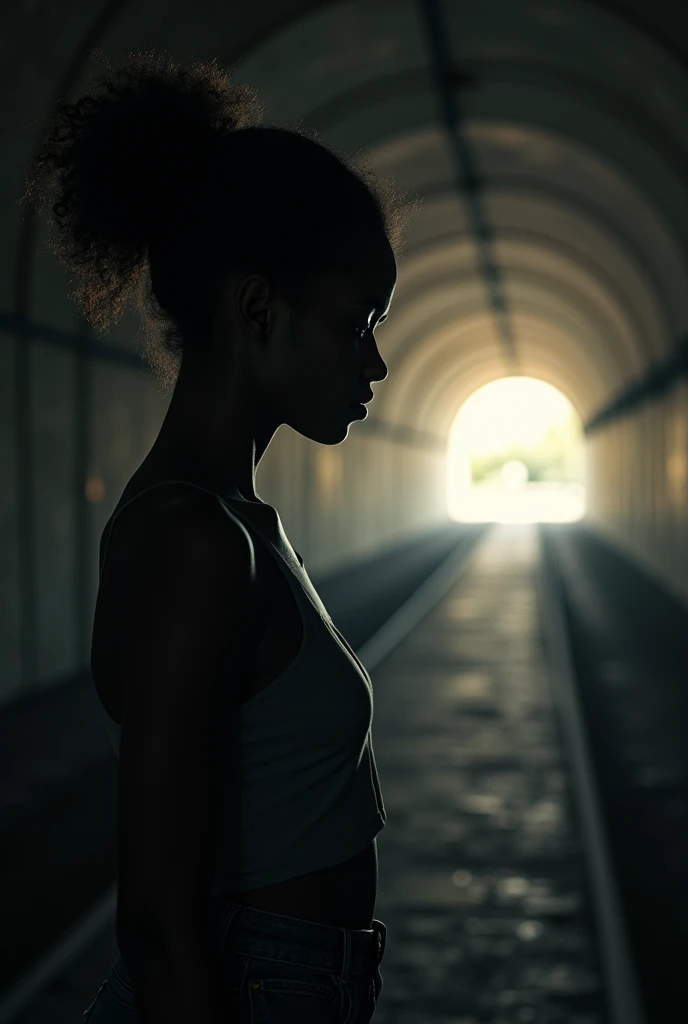 Image sombre  d'une jeune femme afrotriste de dos voyant une lueur d'espoir une lueur de soleil au bout du tunnel 