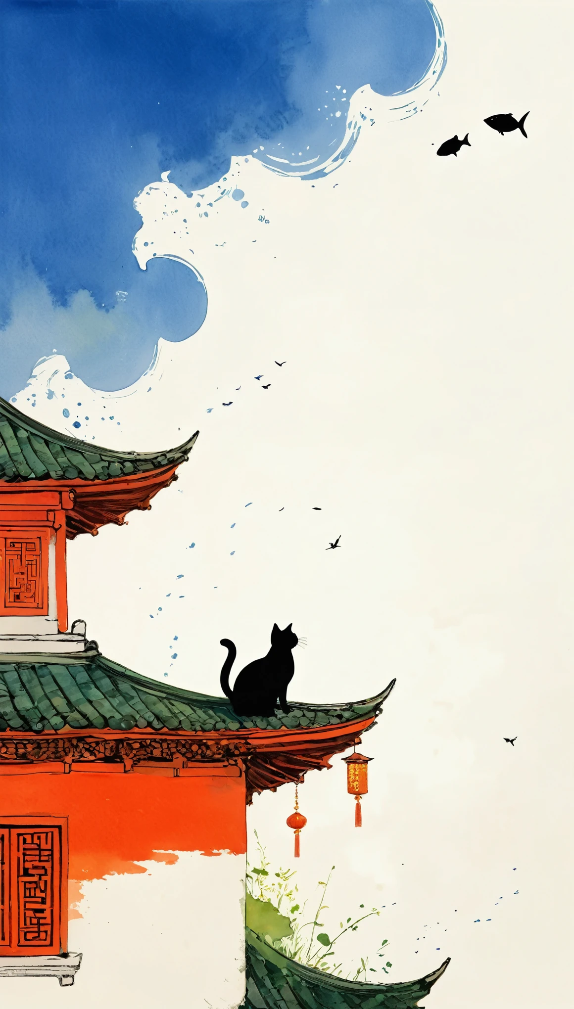 A painting，中国水墨画sketch：Light Ink，Lowercase，sketch，artistic conception，A cat on the roof，Fish in the sky，Minimalism，(((Negative Space,Bottom left composition)))