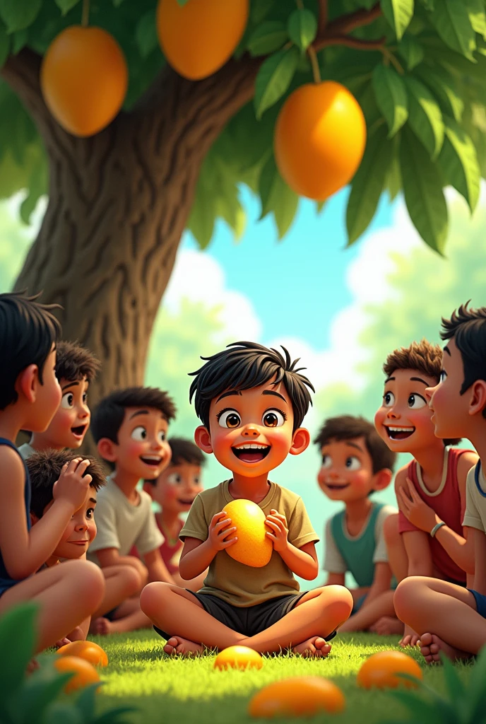 A child is eating mango under a mango tree and 10 boys are watching him
