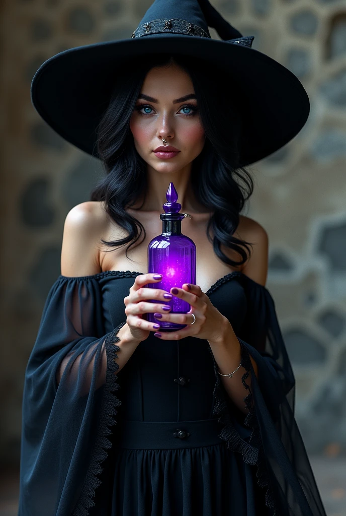 A medieval witch, with hat, beautiful, sexy, dressed in black, blue hair, with glasses, nose ring, and a purple bottle in his hand.