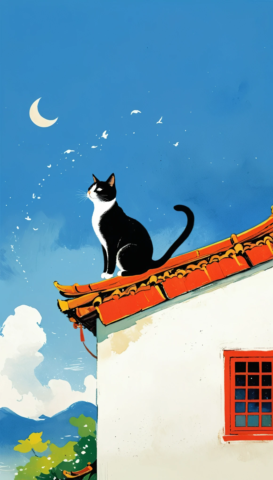 A painting，中国水墨画sketch：Light Ink，Lowercase，sketch，artistic conception，A cat on the roof，Fish in the sky，Minimalism，(((Negative Space,Bottom left composition)))