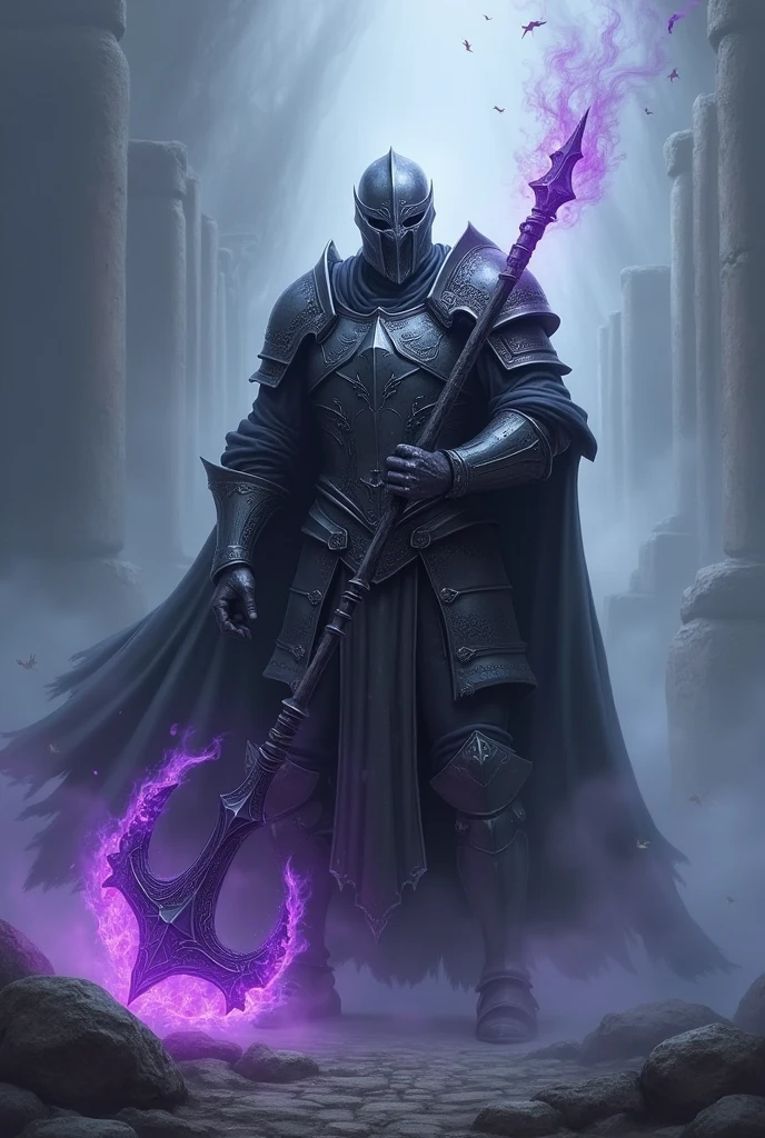 Dark paladin in the fog with halberd covered in purple fire