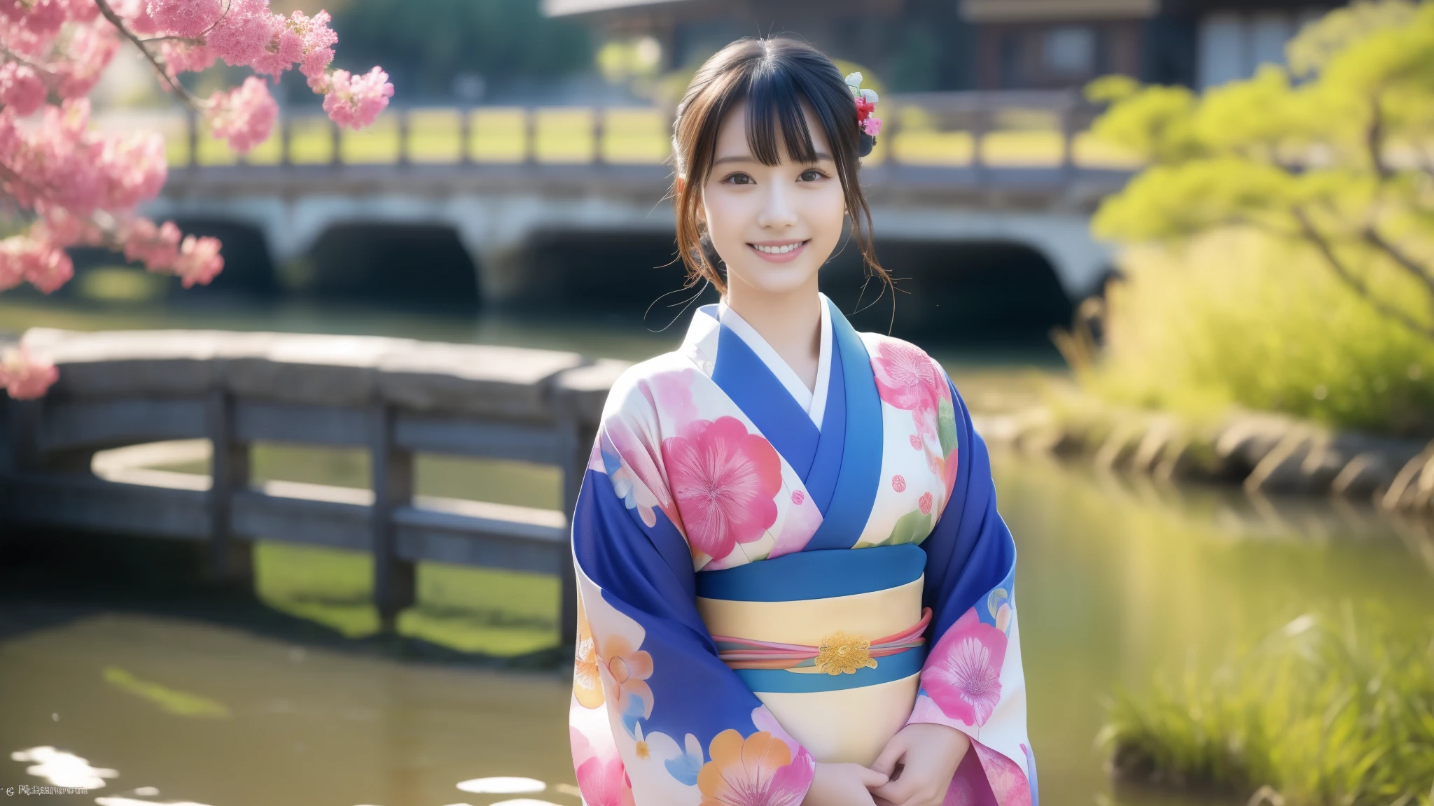 ((Cinematic scenery)), (Colorful kimono), smile, (１people), (don't split the screen), 最high quality、high quality、Best image quality、8k、最High resolution、High resolution、Realistic photos, Healthy body, Beautiful Eyes, Colorful kimono, Calm expression, Soft lighting, Traditional Japanese art style, Vibrant colors, Peaceful atmosphere, Delicate features, Graceful posture, Beautiful Landscape