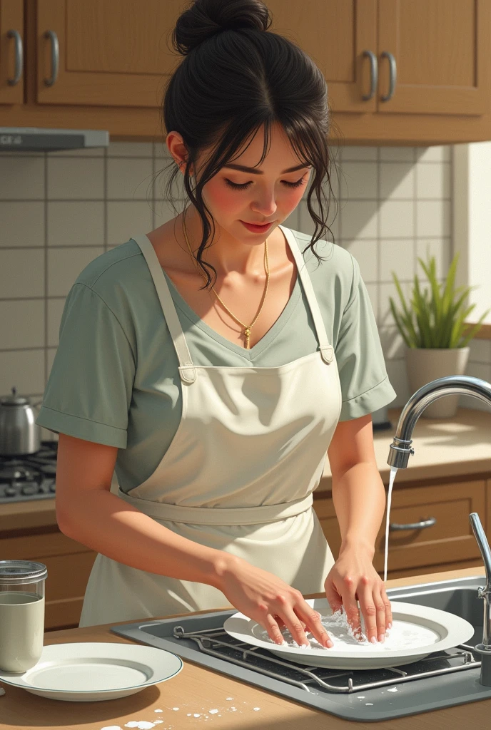 A conceptual illustration of a mother selflessly washing dishes 