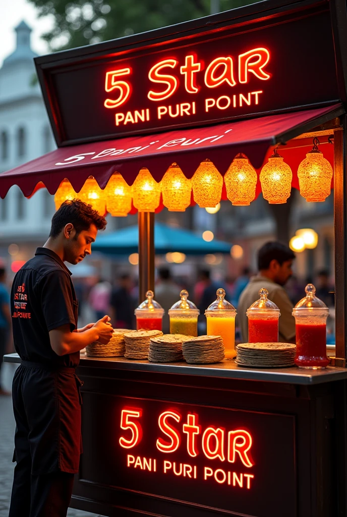 Steel material se banaa hua LED se Saja hua panch panch porcelain se nirmit jar ke sath pholi Hui brown currency pani puri ek thele per jiske upar board per '5star Pani Puri point' name ho mein Bhari Hui Jo ki left side mein lambai mein khada ho pani ka badhiya sink Laga Ho Aisa ek Pani puri ka thela banana hai
Panch swad wala ek adbhut swad ka Bhandar Jahan per ek vyakti Jo Puri uniform mein hathon mein galat sar per kaid hai na hua jiski dress per 5star pani puri point Naam likha Ho shirt ka rang black Ho or red color se likha ho