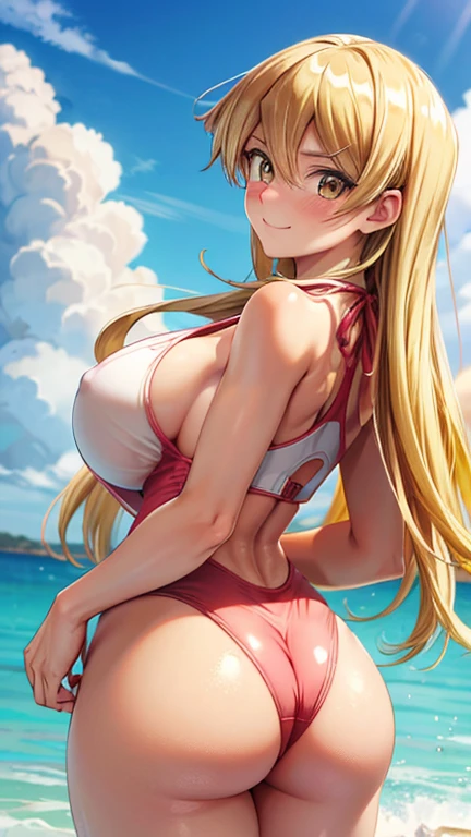masterpiece, best quality, highres, heart hair ornament, ta1,blonde hair,long hair,yellow eyes, beach, red one-piece swimsuit, lifeguard, looking back at viewer,smile,big tits ,huge ass,((perfect face)),perfect body, perfect hands, high definition,blush,((upper body))