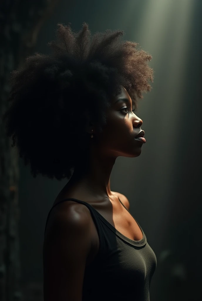 Image sombre d'une jeune femme afro triste de dos voyant une lueur d'espoir une lueur de soleil au bout du tunnel