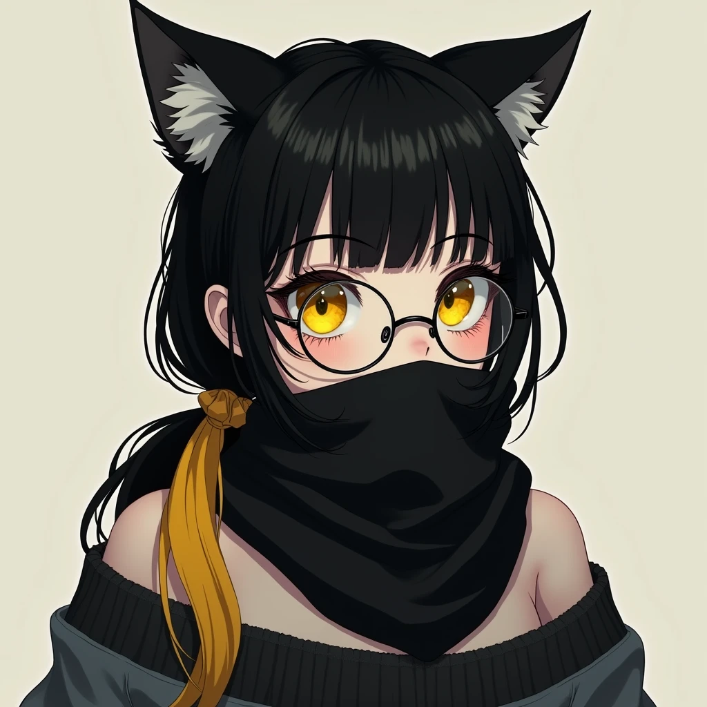 Beautiful, mature teen with pale skin. Wears a black scarf that covers the bottom half of her face, up to her nose. Eyes are bright yellow. Has bangs that cover the right side of her face and right eye. Is wearing a black and grey off-the-shoulder sweater. She is cynical and stand-offish. black long hair, yellow hair tail, black and yellow Hair, wear round glasses, A pair of cat ears on the head