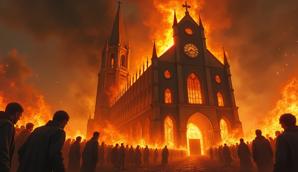 Church burning.  people in flames 