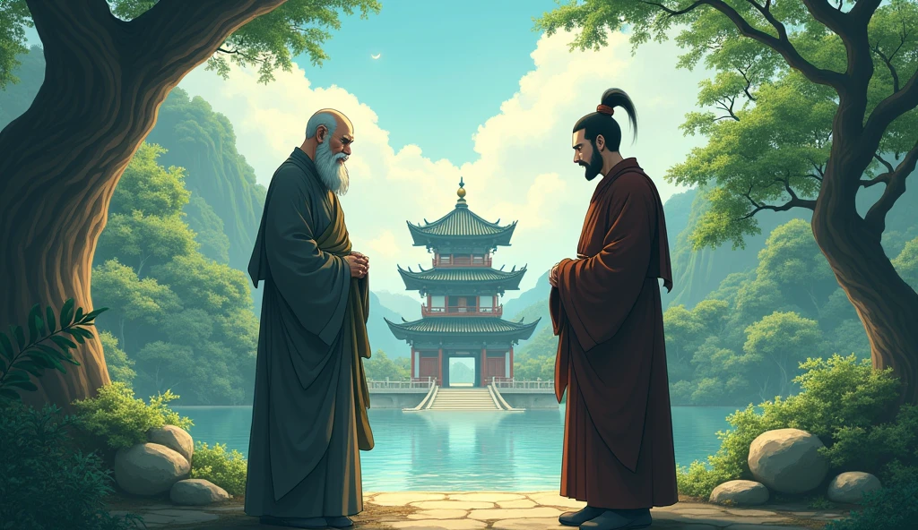 Chinese Old monk sensei standing, ​monk student, talking, surrounded by temples, beautiful trees, in anime style, beautiful scenario,