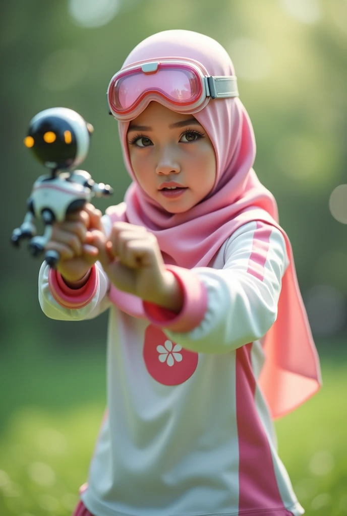 Malaysia girl a realistic masterpiece. Human . 1girl wearing a hijab, detailed beautiful face, Hijab Muslim. Wear long sleeve moder design white pink stripe white, minimalist flower on shirt. . Wear pink white.small Safety Pink google spectacle top of the head rubber band. Age 15 year old. Flying punch robot. Fast fly. Panning effect Photography . Jump on and have a super strong power.. punch . Fight pose. Bokeh background. At the garden. , detailed lips, long eyelashes. Hero, modest expression, delicate facial features, natural skin tones, , detailed folds and textures of hijab, natural lighting, high quality, photorealistic, 8k, best quality. Malaysia girl. Mira filzah Punh the small robot. Everywhere. Anger face open mouth. Power up.