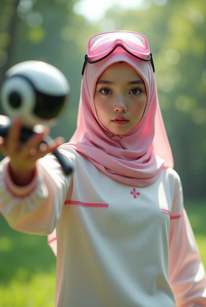 Malaysia girl a realistic masterpiece. Human . 1girl wearing a hijab, detailed beautiful face, Hijab Muslim. Wear long sleeve moder design white pink stripe white, minimalist flower on shirt. . Wear pink white.small Safety Pink google spectacle top of the head rubber band. Age 15 year old. Flying punch robot. Fast fly. Panning effect Photography . Jump on and have a super strong power.. punch . Fight pose. Bokeh background. At the garden. , detailed lips, long eyelashes. Hero, modest expression, delicate facial features, natural skin tones, , detailed folds and textures of hijab, natural lighting, high quality, photorealistic, 8k, best quality. Malaysia girl. Mira filzah Punh the small robot. Everywhere. Anger face open mouth. Power up.