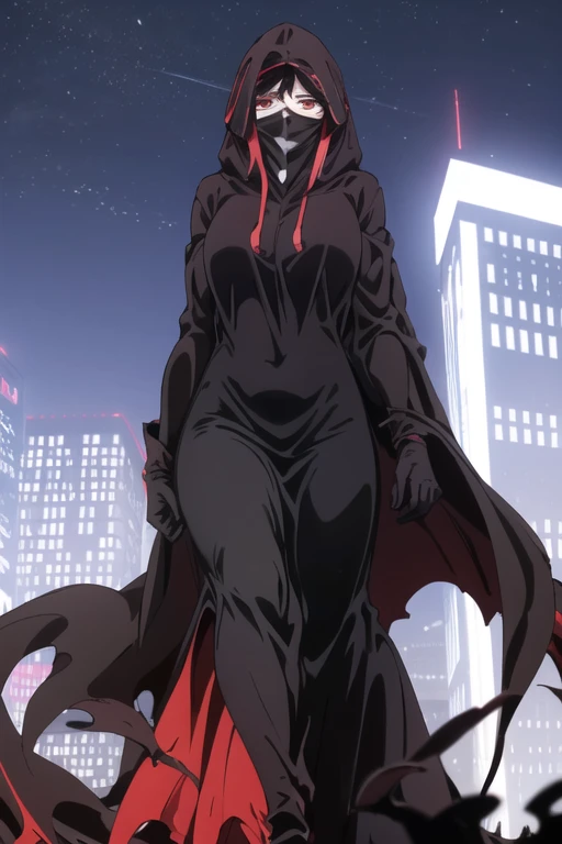 NNAssassinFSF, 1girl, solo, black hair, long cape sleeves, sleeves covered hands, long skirt, robe dress, long cape, cape, black cloak, hood up, black robe, covered mouth, white gloves, mask, hooded cloak, ((masterpiece, best quality)), from below, walking, red eyes, happy look, city, night