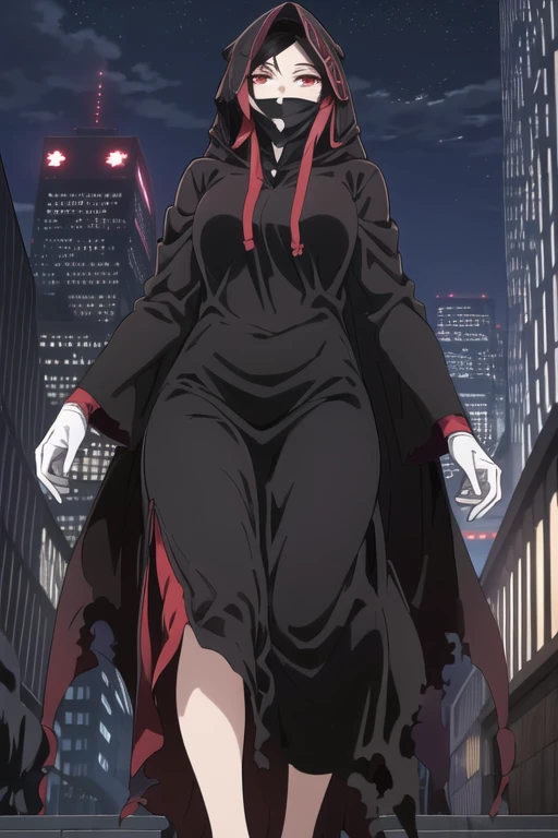 NNAssassinFSF, 1girl, solo, black hair, long cape sleeves, sleeves covered hands, long skirt, robe dress, long cape, cape, black cloak, hood up, black robe, covered mouth, white gloves, mask, hooded cloak, ((masterpiece, best quality)), from below, walking, red eyes, happy look, city, night
