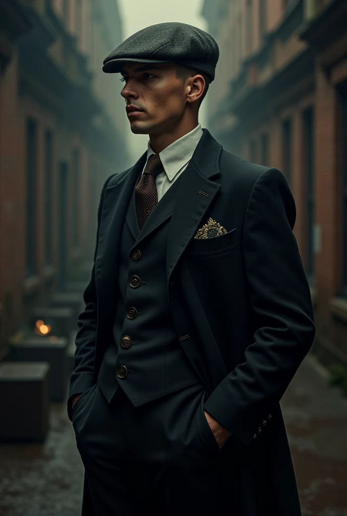 Create an AI-generated image of Thomas Shelby from "Peaky Blinders." He should be portrayed with his signature look: a tailored dark woolen three-piece suit, a flat cap tilted to one side, and a serious, intense expression. His hair should be neatly styled in a slick undercut, and he should be standing against a moody, industrial backdrop reminiscent of 1920s Birmingham.