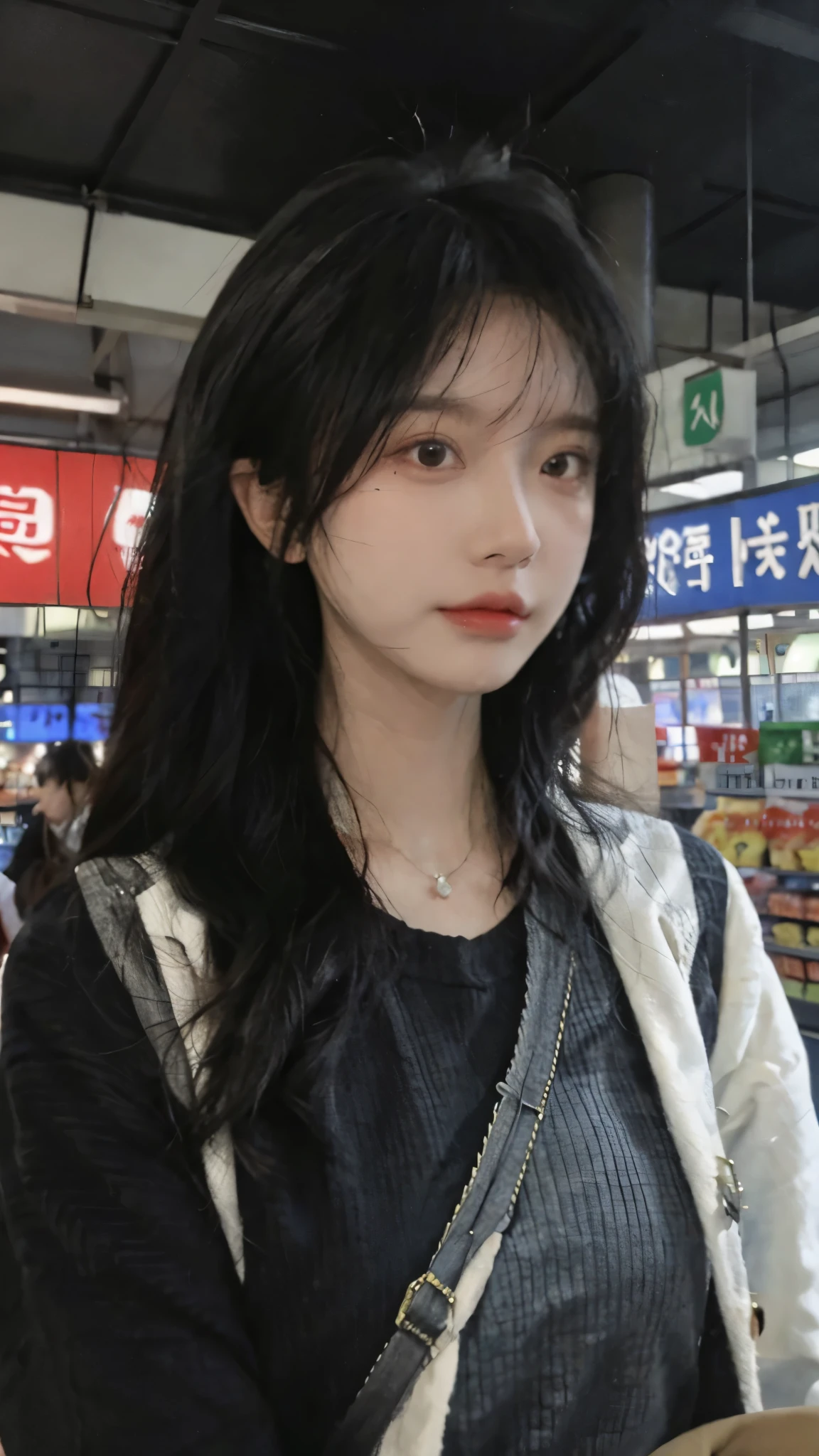 黑色wear mask，Best quality，黑色wear mask，Ultra-high resolution，(Reality:1.4)，（黑色wear mask:1.4），Cute hairpins，girll，Cropped black sweater，wear mask，Look directly at the audience，Full of atmosphere，Beautiful woman with a slim figure:1.4，黑色wear mask，supermarket，whole body，Super delicate face，Exquisite eyes，Double eyelids，necklace，黑色wear mask，