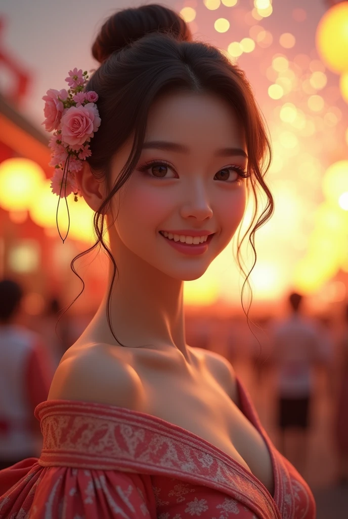 look at camera,(((top quality, 8k, masterpiece))), crisp focus, (beautiful woman with perfect figure), slender, (hairstyle: up)), ((kimono: Kara)), street: 1.2 Highly detailed face and skin texture Detailed eyes Double eyelids random posture, (smile),super cute Japan person,super beauty Japanese girl, realistic face, double eyelid,smile,summer festival , at sunset , beautiful tooth , fire-works back-ground, open kimono, largebreast