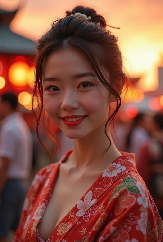 look at camera,(((top quality, 8k, masterpiece))), crisp focus, (beautiful woman with perfect figure), slender, (hairstyle: up)), ((kimono: Kara)), street: 1.2 Highly detailed face and skin texture Detailed eyes Double eyelids random posture, (smile),super cute Japan person,super beauty Japanese girl, realistic face, double eyelid,smile,summer festival , at sunset , beautiful tooth , fire-works back-ground, open kimono, largebreast