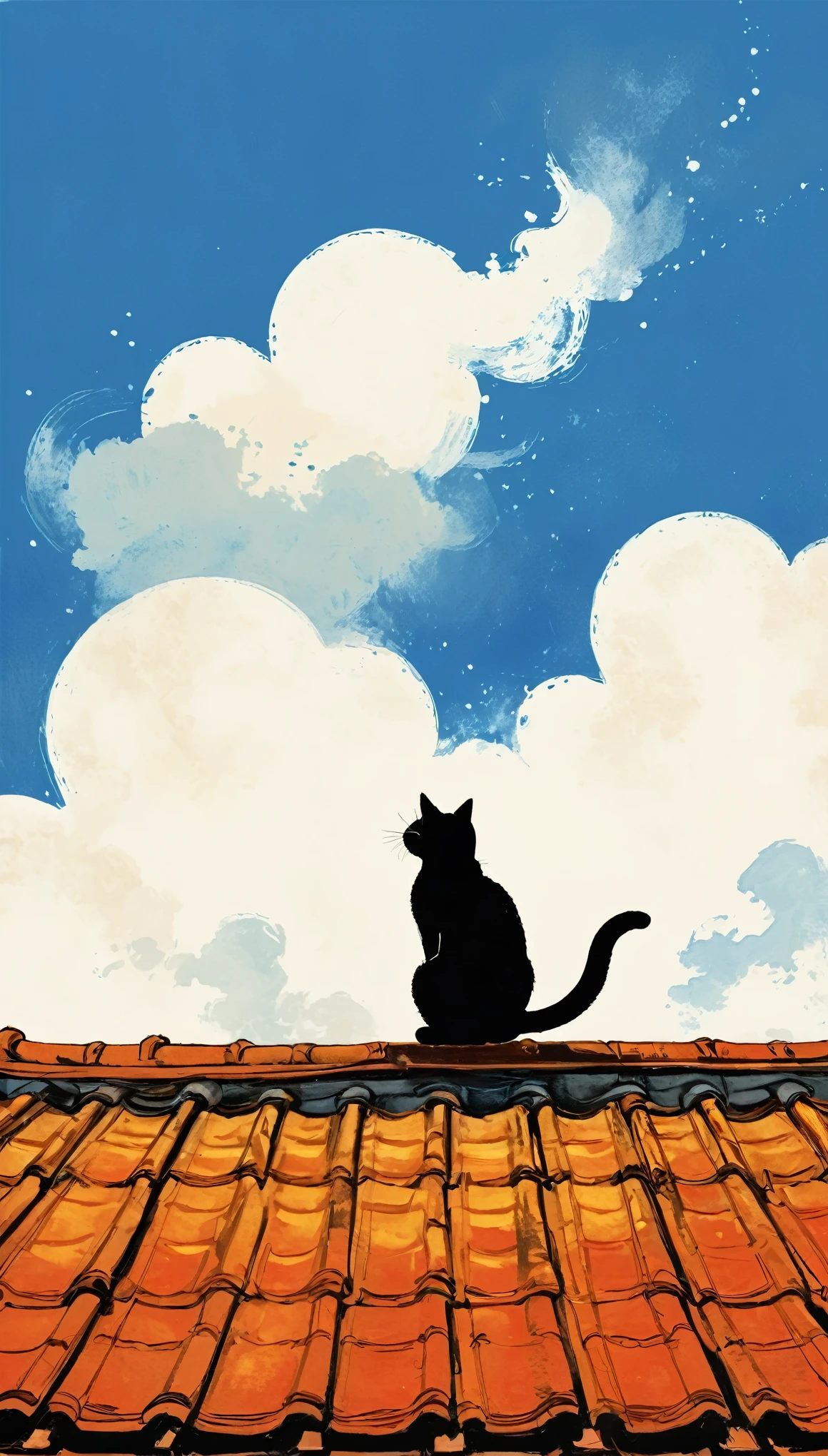 A painting,中国水墨画sketch:Light Ink,Lowercase,sketch,artistic conception,A cat on the roof,cloud,Minimalism,(((Negative Space,Bottom left composition)))