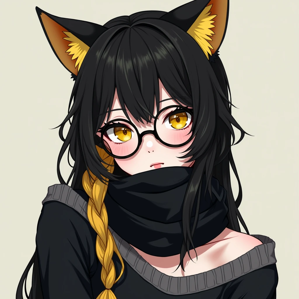 Beautiful, mature teen with pale skin. Wears a black scarf that covers the bottom half of her face, up to her nose. Eyes are bright yellow. Has bangs that cover the right side of her face and right eye. Is wearing a black and grey off-the-shoulder sweater. She is cynical and stand-offish. black long hair, yellow hair tail, black and yellow Hair, wear round glasses, A pair of cat ears on the head
