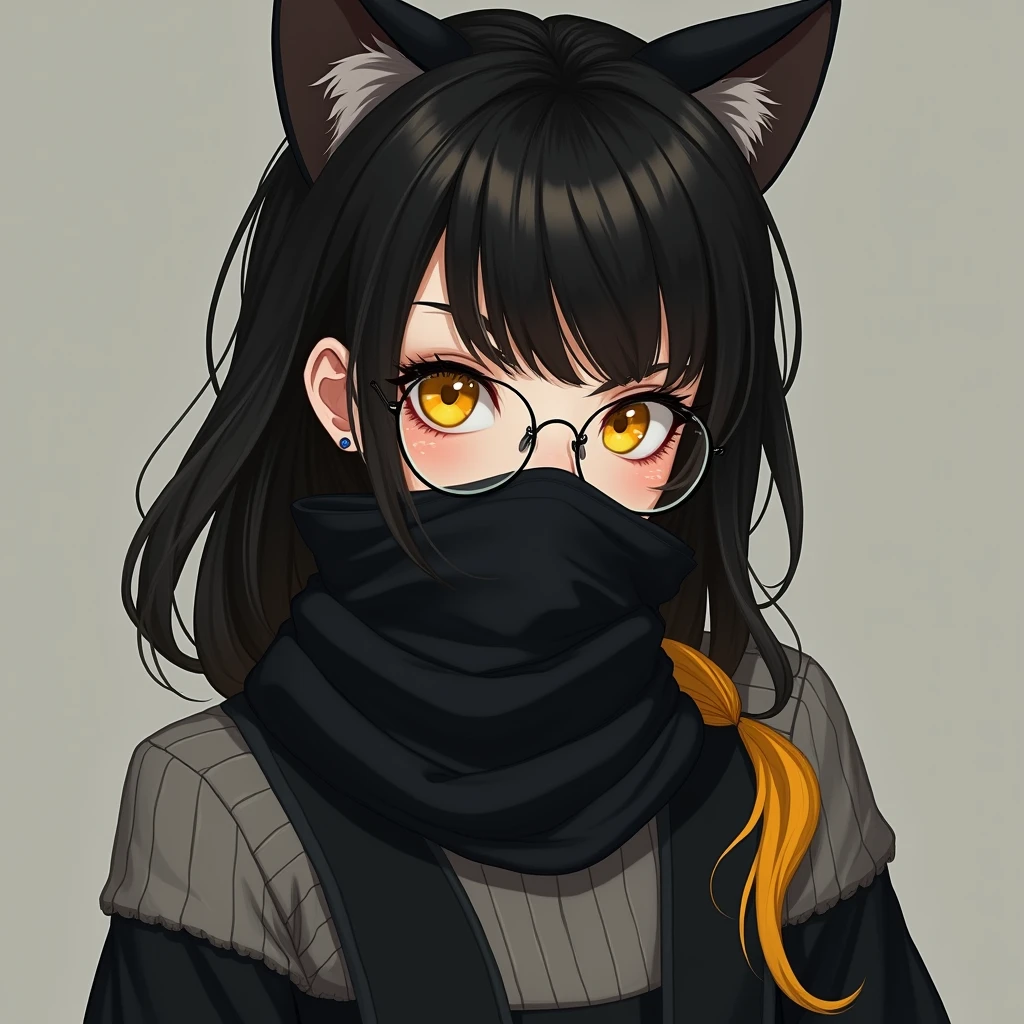 Beautiful, mature teen with pale skin. Wears a black scarf that covers the bottom half of her face, up to her nose. Eyes are bright yellow.  Has bangs that cover the right side of her face and right eye. Is wearing a black and grey off-the-shoulder sweater. She is cynical and stand-offish. black long hair, yellow hair tail, black and yellow Hair, wear round glasses, A pair of cat ears on the head