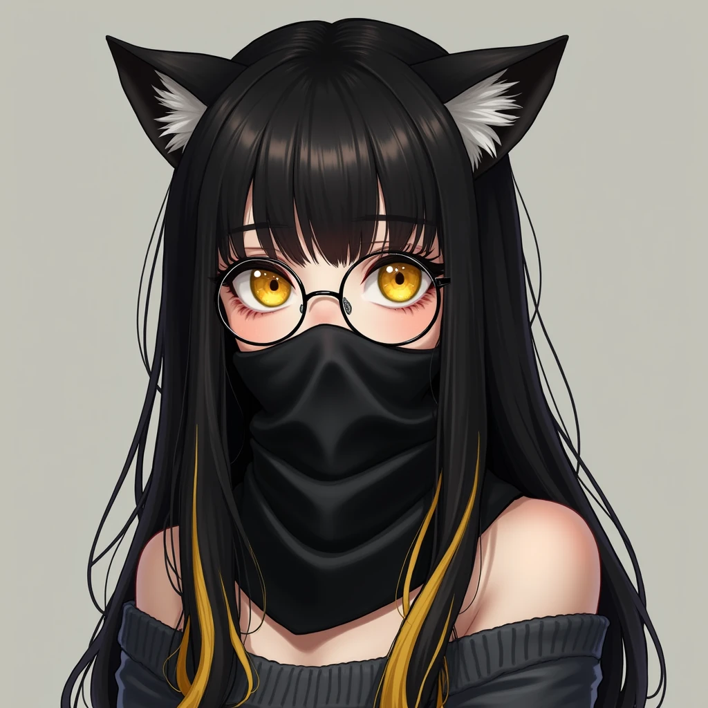 Beautiful, mature with pale skin. Wears a black scarf that covers the bottom half of her face, up to her nose. Eyes are bright yellow. Has bangs that cover the right side of her face and right eye. Is wearing a black and grey off-the-shoulder sweater. She is cynical and stand-offish. black long hair, yellow hair tail, black and yellow Hair, wear round glasses, A pair of cat ears on the head