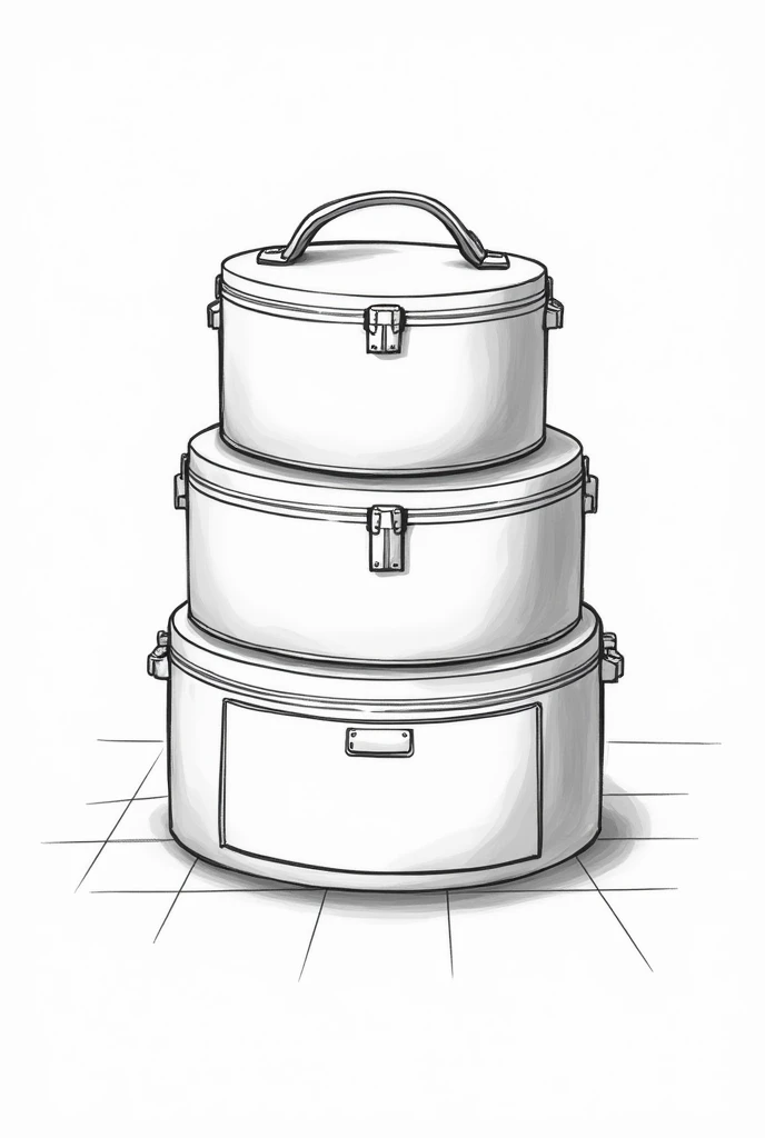 A round makeup kit with 3 compartment stacked on top each other, makeup brush holder attached to one of the compartment, button to hold the compartment in place, and a drawer on the last bottom story with a handle attached to the makeup kit to carry it in black and white sketch art.