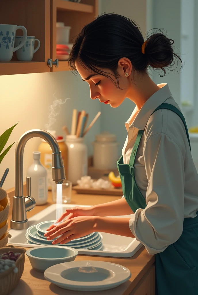 A conceptual illustration of a mother selflessly washing dishes. Side view 