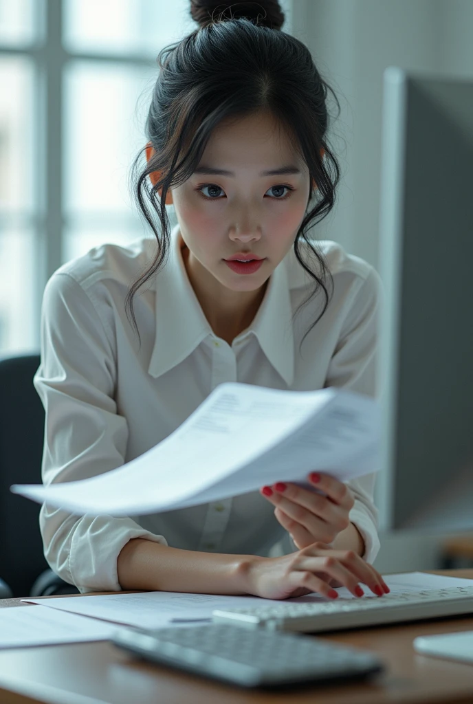 Office girl is looking at a stack of papers flying at the computer screen