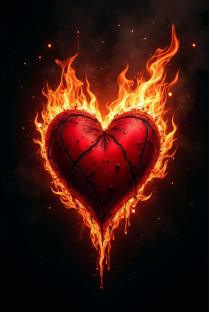 Black backround with a burning heart in punkish tattoo style