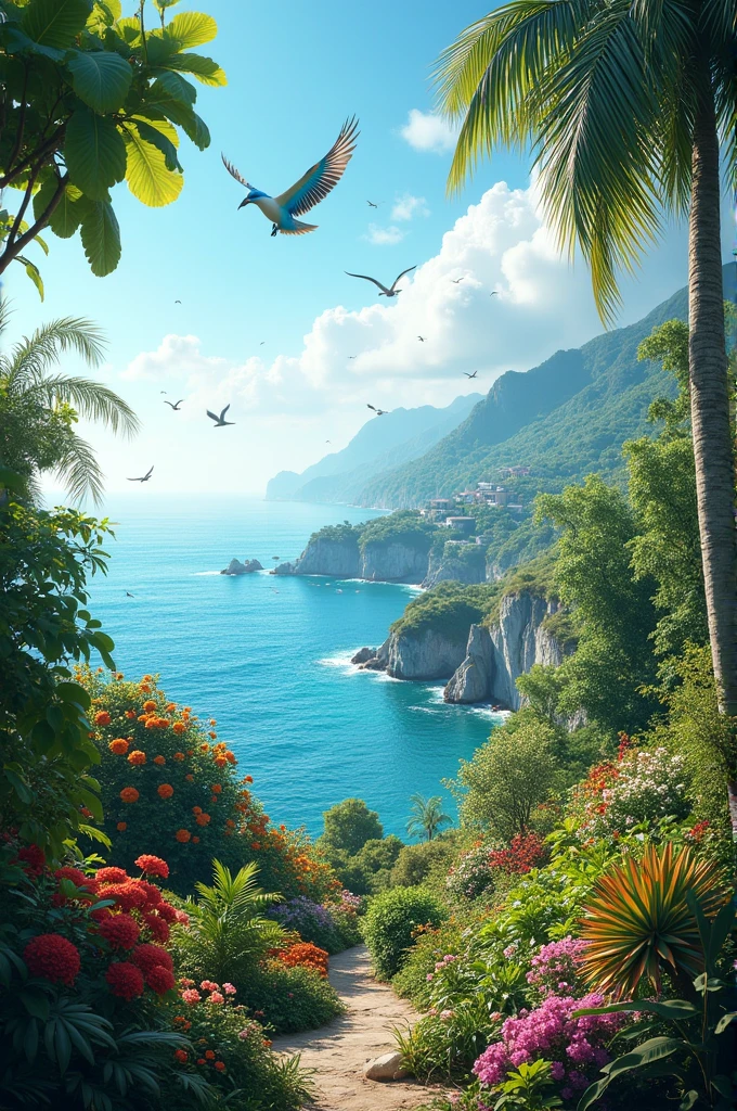 Butiful graden with amazing birds the girden is front of the see