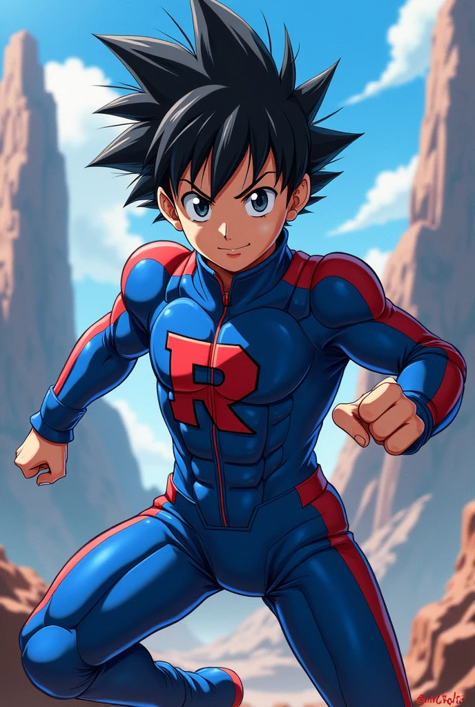 An anime character wearing a blue jumpsuit with an R on his chest and black hair.