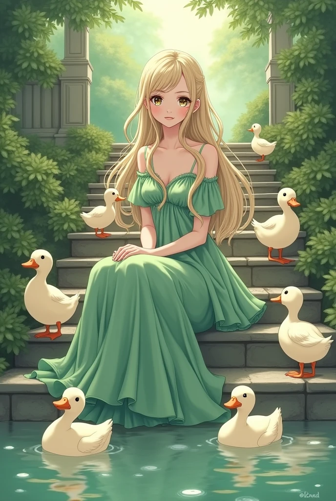 anime girl in green dress sitting on a step with ducks, an anime drawing by Shitao, pixiv, fantasy art, cute anime waifu in a nice dress, in dress, beautiful anime girl, lady palutena, guweiz, beautiful anime woman, artwork in the style of guweiz, palutena, anime visual of a cute girl