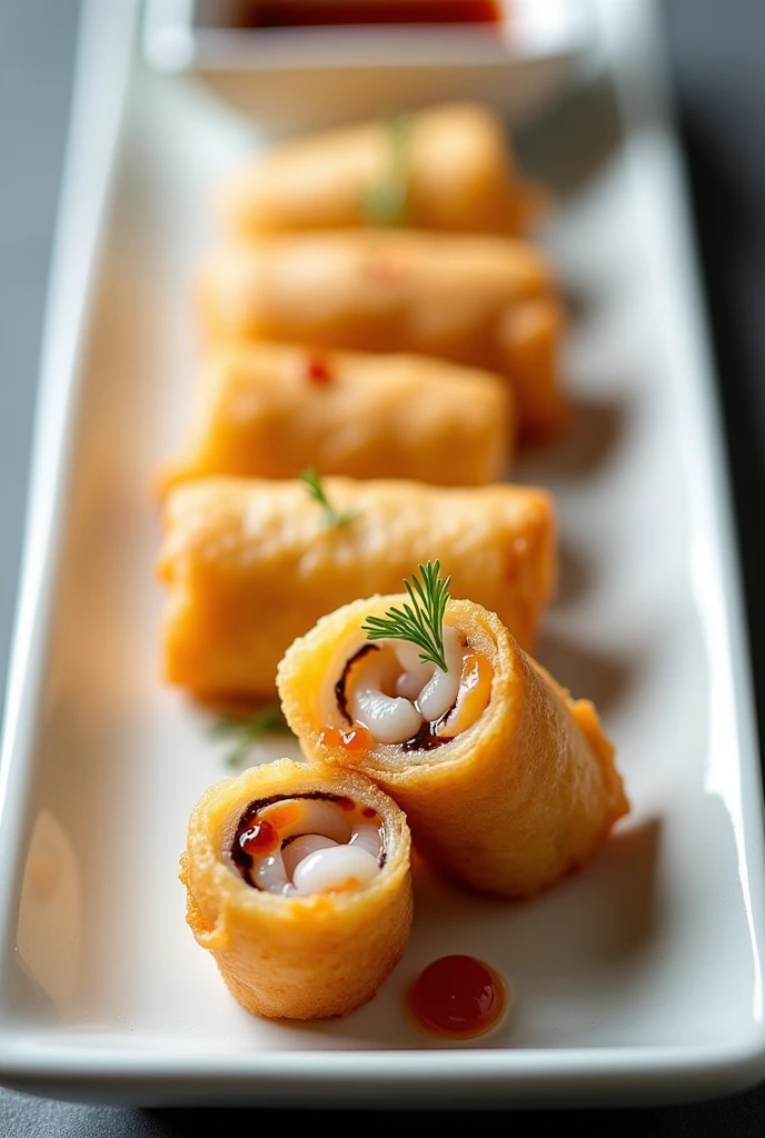 Tempura Seafood Spring Rolls:
Crispy seafood tempura spring rolls, cut into bite-sized pieces and arranged in rows on a long plate. Add a few drops of fish sauce and lemon juice to create a highlight.. Neat layout, no frills but still visually impressive.
specific dipping sauce, and see the seafood inside the spring rolls arranged like fine dining in minimalist culinary style