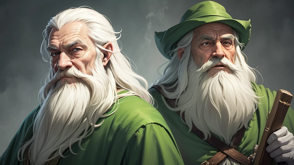 You are a professional illustrator.
Please draw an illustration based on the following elements:
A proponent of MBTI
Wearing a green robe
Has a long white beard
Appears as an old man
Resembles Gandalf from "The Lord of the Rings"